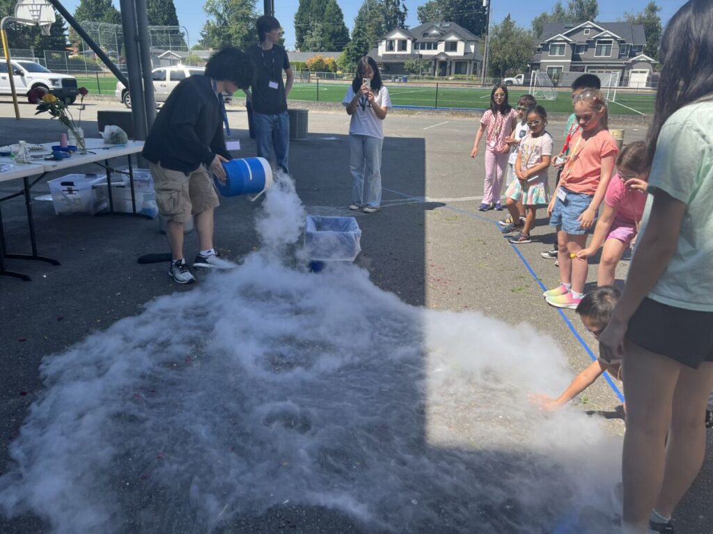 Bellevue Summer Camps Wise Camp campers observing a Dazzling Demos demonstration with liquid nitrogen.